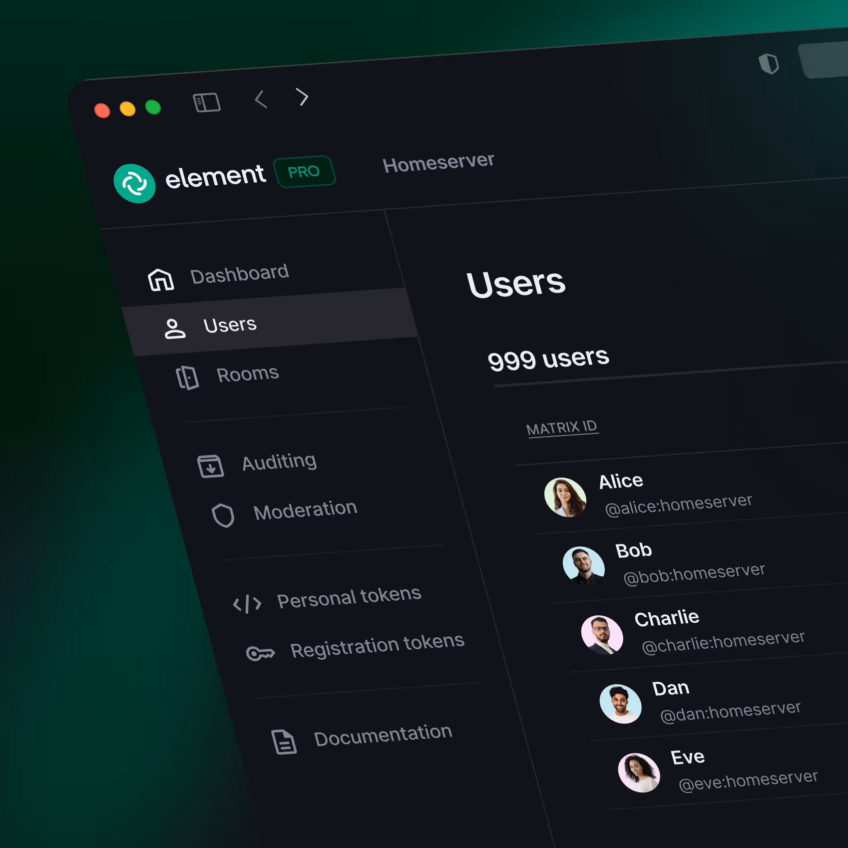 Element PRO Admin dashboard (dark mode) showing users list and server controls like and Auditing and Moderation.