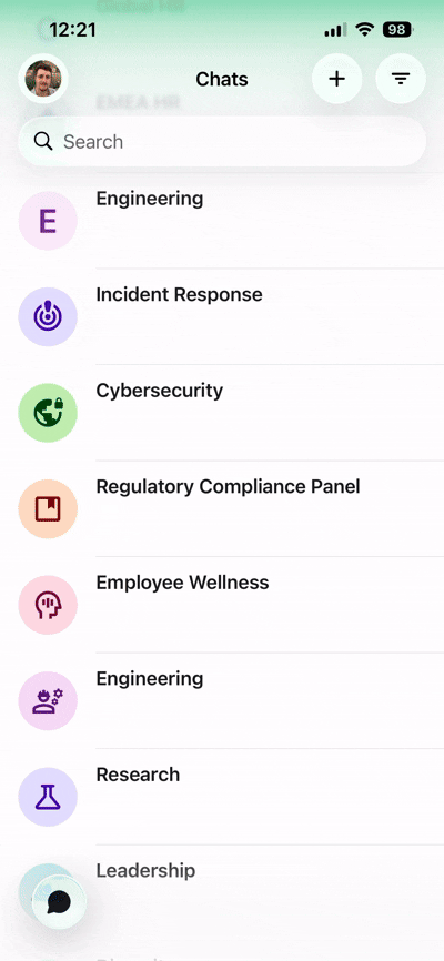 The main chat list featuring the top-level Space filter row