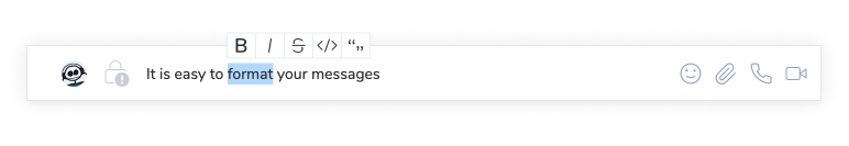 Screenshot of the new composer, showcasing the contextual formatting UX - a word in the message composer is highlighted and formatting options (bold, italic, strikethrough, code formatting, quote) appear in a context menu above.