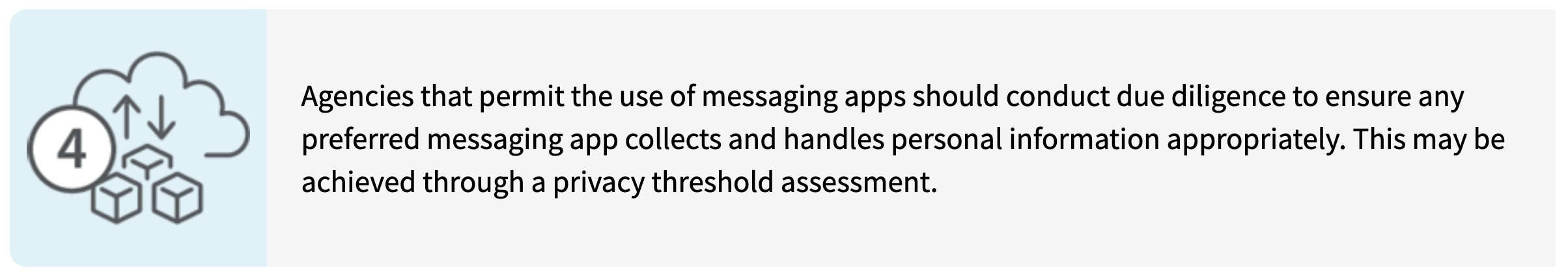 Agencies that permit the use of messaging apps should conduct due diligence to ensure any preferred messaging app collects and handles personal information appropriately. This may be achieved through a privacy threshold assessment.