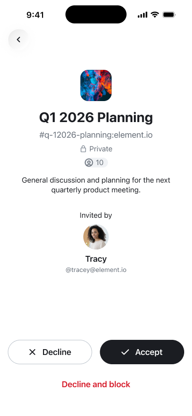 A Space invitation preview showing the description and 'External' badge